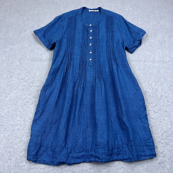 Faherty Gemina Dress Women's Large Blue Indigo Linen Basketweave Button Cottage - Picture 1 of 10